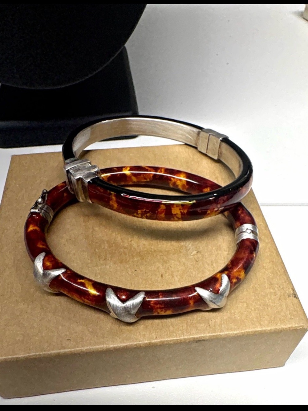 2pc Resin Bangle Bracelet Set Brown Tortoise & Black 925 sterling silver